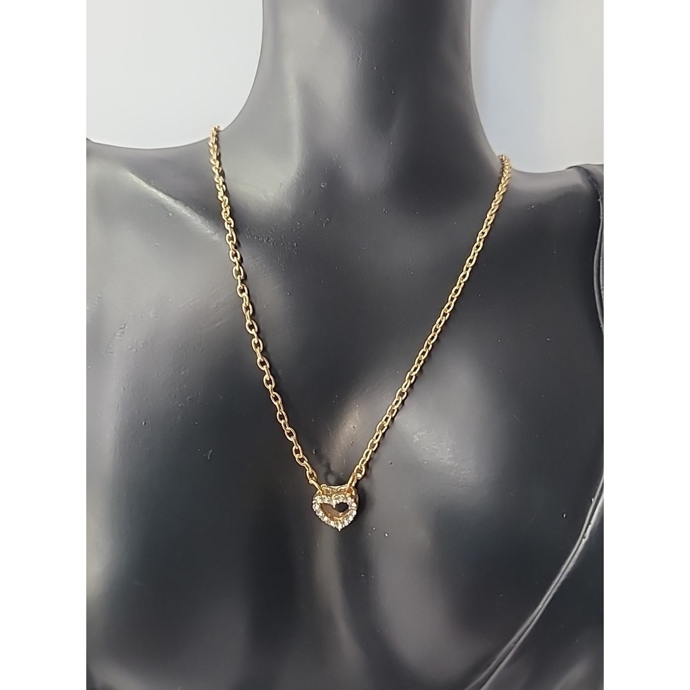 Vintage Gold Tone Pave Heart Necklace Dainty Rhinestone Open Heart Pendant
